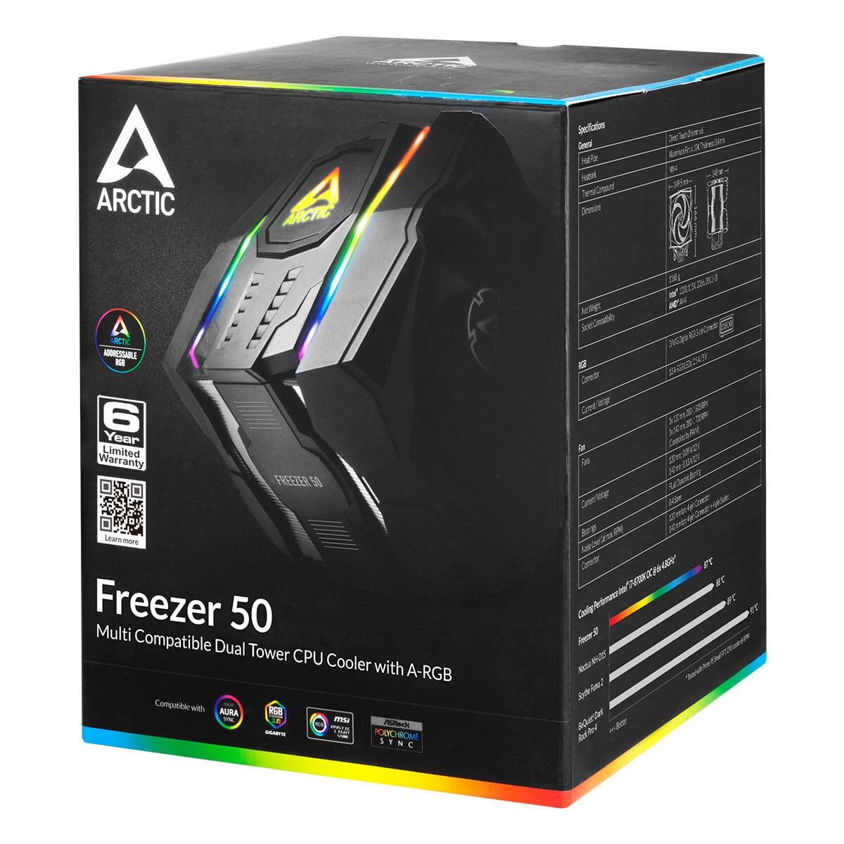 Arctic Freezer 50 Dual Tower ARGB Heatsink & Fan, Intel & AMD Sockets CPU Cooler