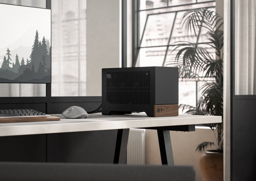Fractal Design Terra SFF Graphite Desk Angled View Lifestyle Image