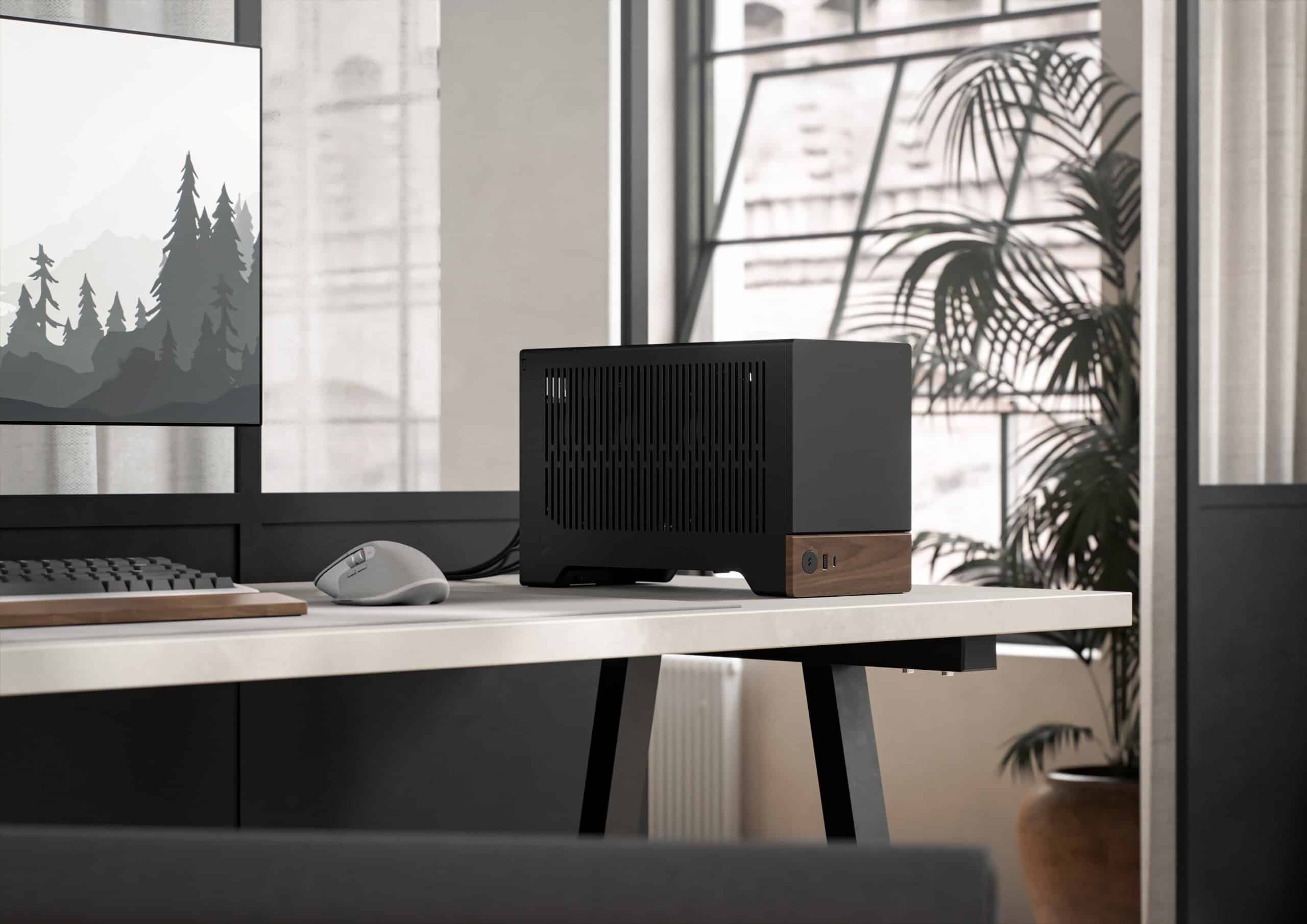 Fractal Design Terra SFF Graphite Desk Angled View Lifestyle Image