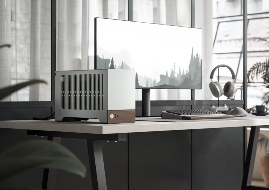 Fractal Design Terra SFF Silver Desk Angled View Lifestyle Image