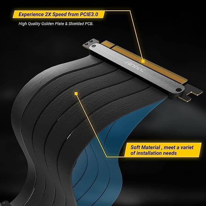 Antec 200mm PCIe 4.0 Riser Black Cable Close Up View