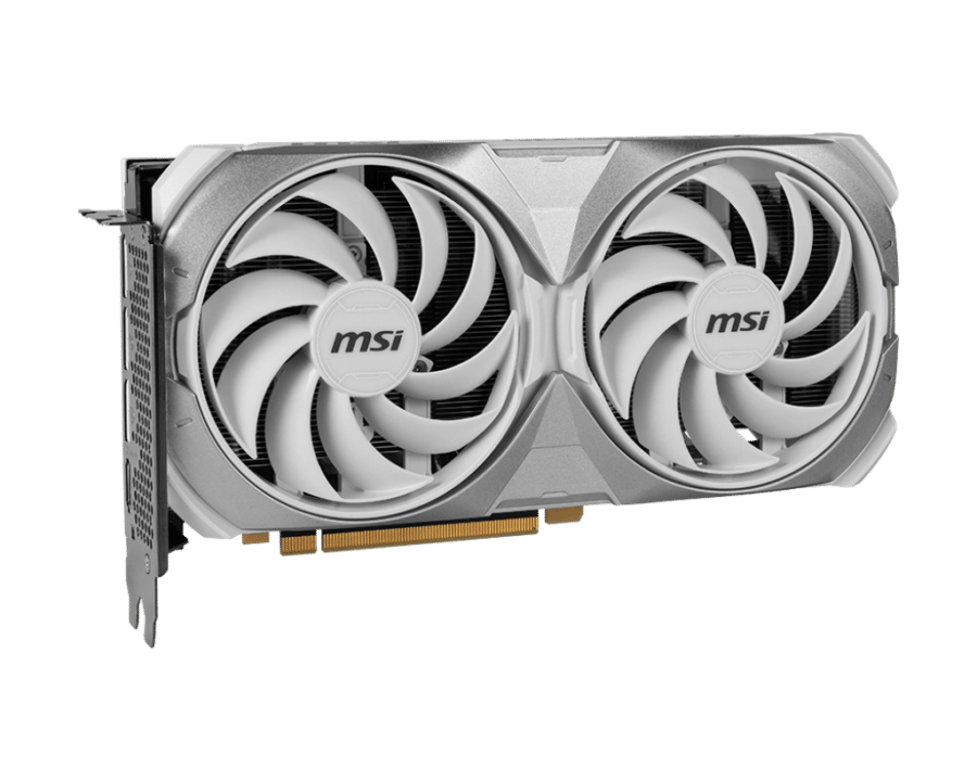 MSI NVIDIA GeForce RTX 4070 VENTUS 2X OC 12G GDDR6X WHITE Graphics Card Angled View & Ports