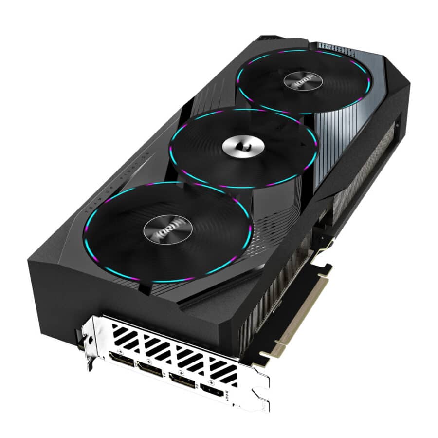 Gigabyte NVIDIA GeForce RTX 4070 Ti SUPER AORUS MASTER 16GB GDDR6X Graphics Card Flat Angled View & Ports