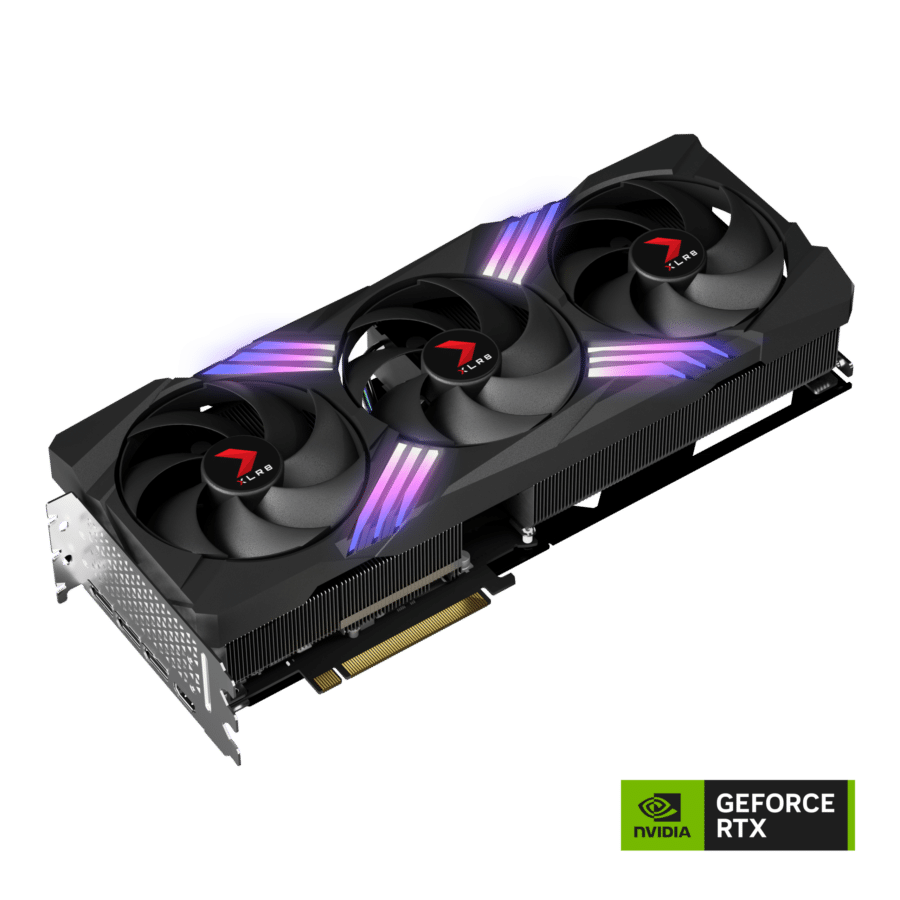 PNY GeForce RTX 4070 Ti 12GB XLR8 Gaming VERTO EPIC-X RGB Triple Fan DLSS 3 Graphic Card Angled View & Ports