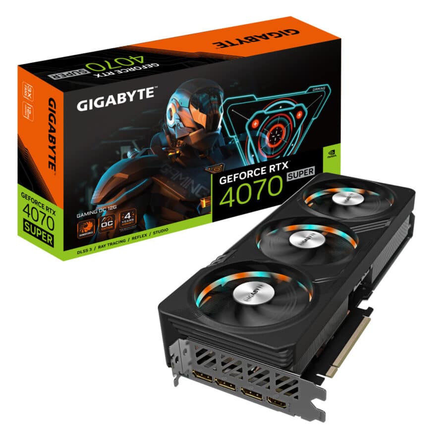 Gigabyte GAMING GeForce RTX 4070 SUPER GAMING OC Graphics Card Angled View & Box