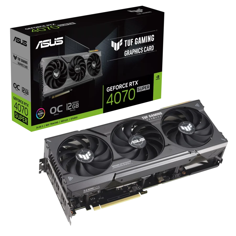 ASUS TUF GAMING NVIDIA RTX 4070 SUPER OC Graphics Card Top View & Box