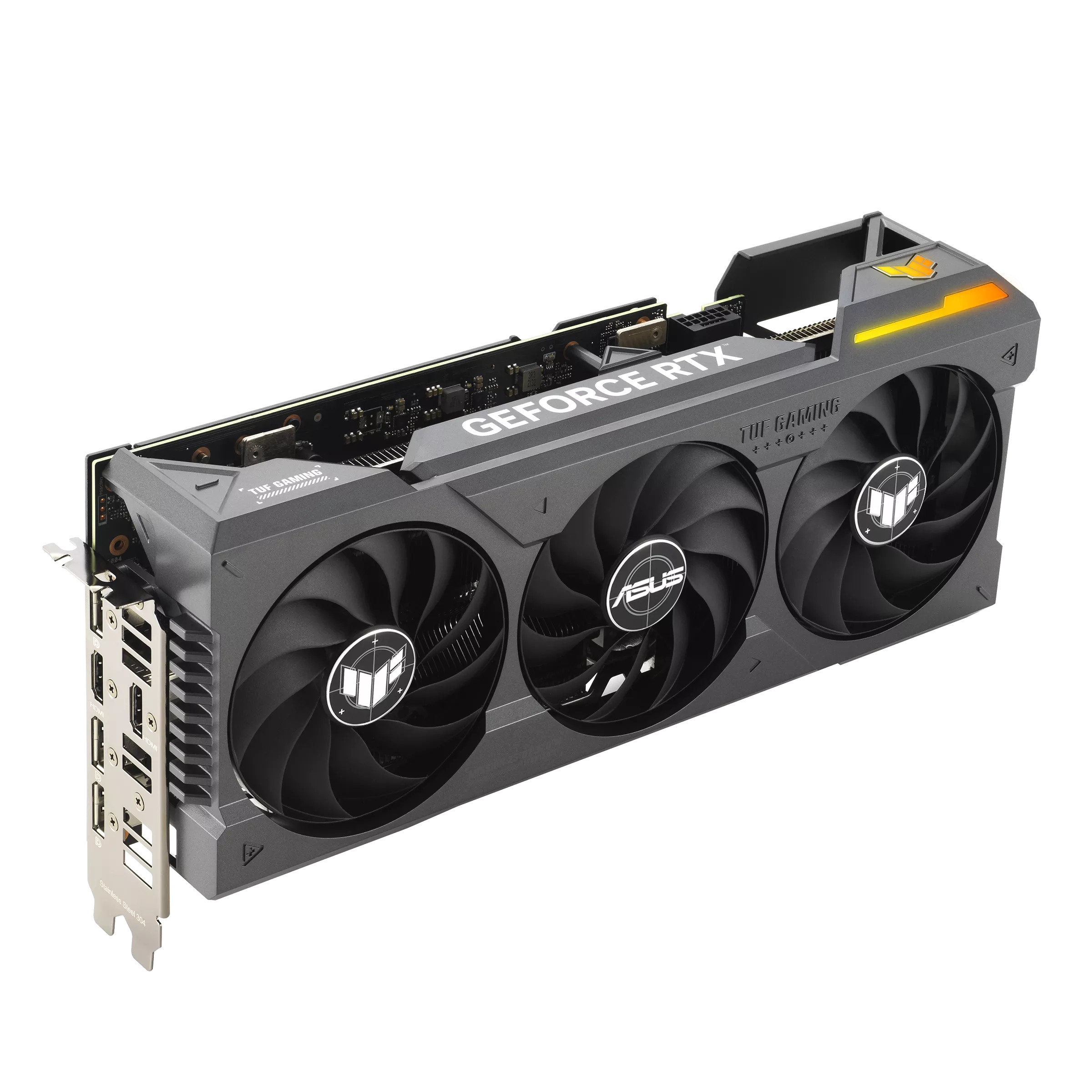 ASUS TUF GAMING NVIDIA RTX 4070 Ti SUPER OC Graphics Card Downward Angle View & Ports