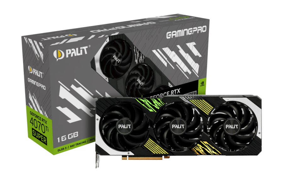 Palit NVIDIA RTX 4070 Ti SUPER GamingPro Graphics Card Coloured Flat View & Box