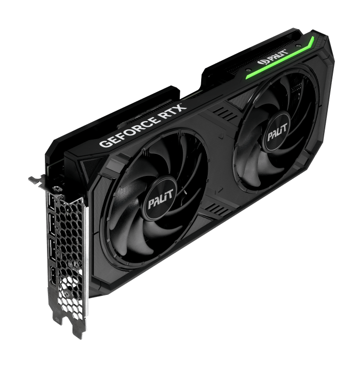 Palit NVIDIA RTX 4070 SUPER DUAL OC Graphics Card Side Angled View & Ports