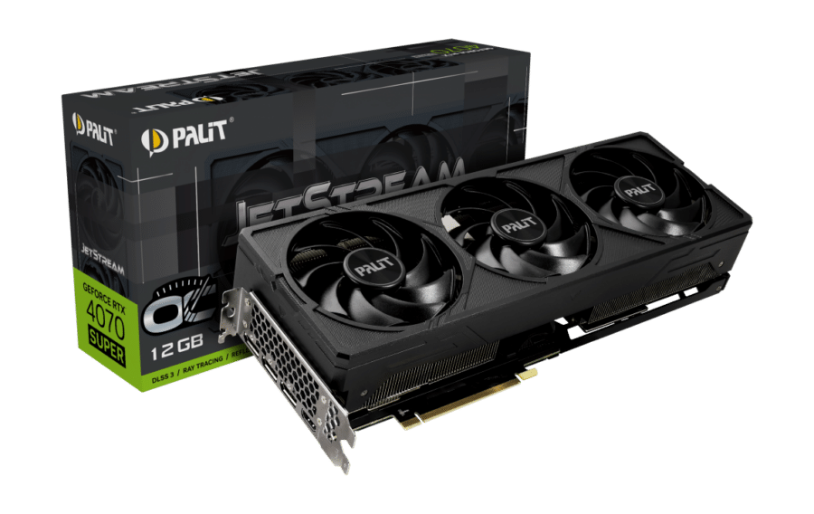 Palit NVIDIA RTX 4070 SUPER JetStream OC Graphics Card Angled View & Box