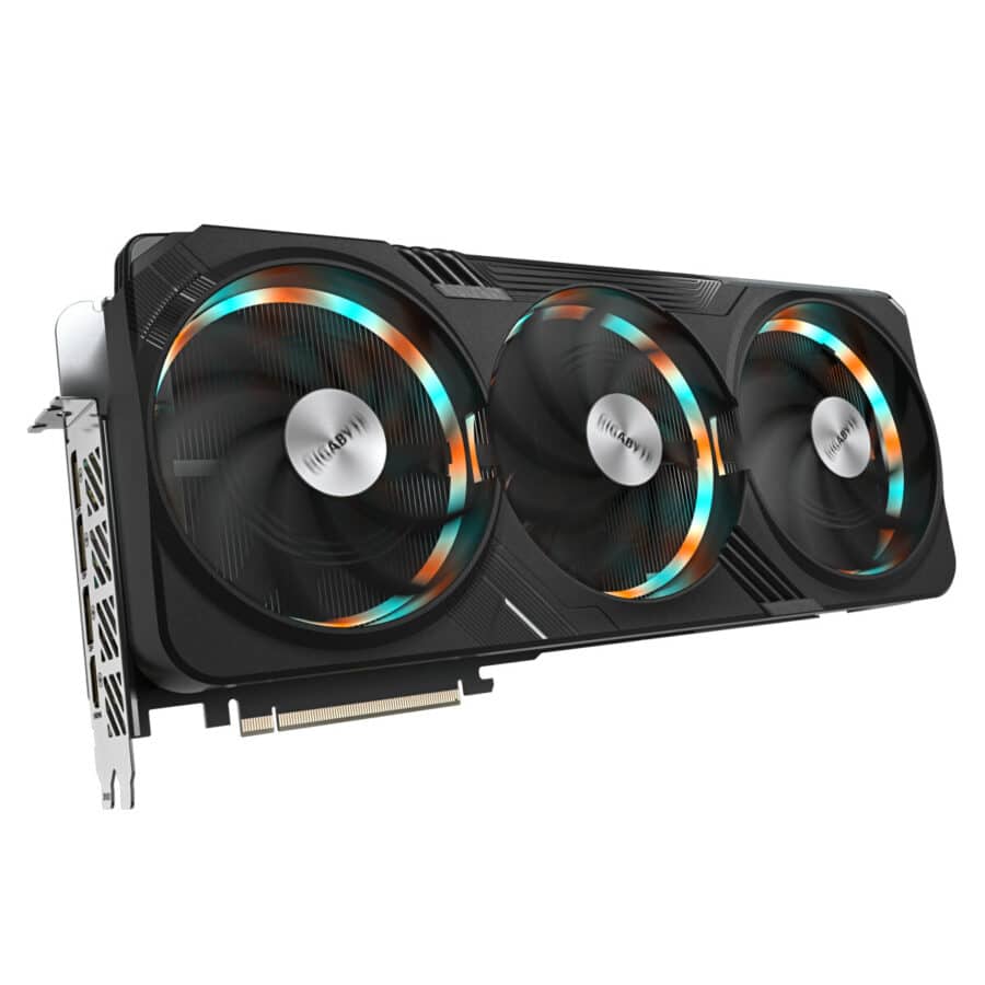 Gigabyte NVIDIA GeForce RTX 4080 SUPER GAMING OC 16GB Graphics Card Tilted Angled View & Ports