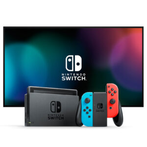 Nintendo Switch with Neon Blue and Neon Red Joy-Con Controllers Lifestyle View