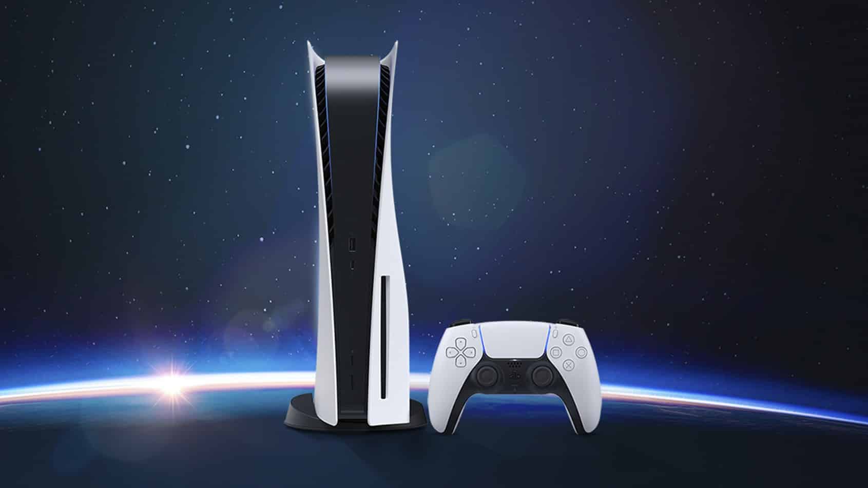 A PlayStation 5 and DualSense controller above a planet’s horizon