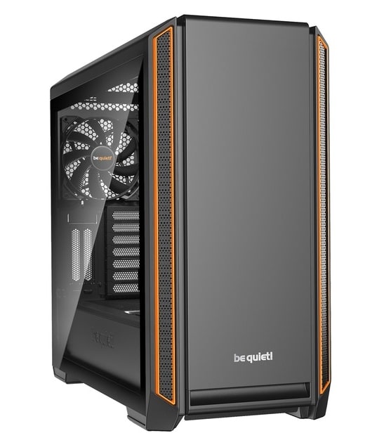 Be Quiet! Silent Base 601 Window Orange Trim Angled Front View