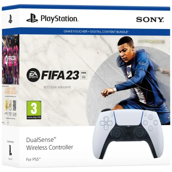 Sony PS5 White DualSense Wireless Controller + FIFA 23 + Ultimate Team DLC Box View