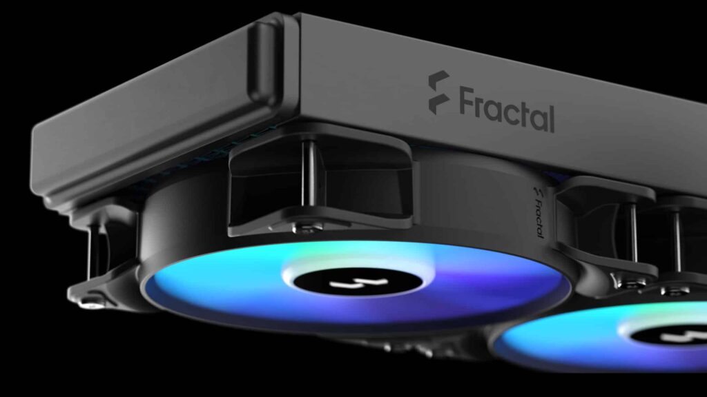 The Fractal Design Lumen S36 pump head lit in blue