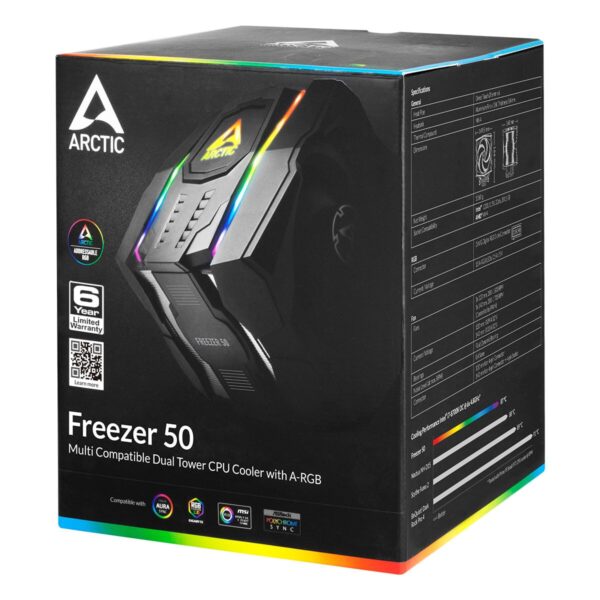 Arctic Freezer 50 Dual Tower ARGB Heatsink & Fan, Intel & AMD Sockets CPU Cooler