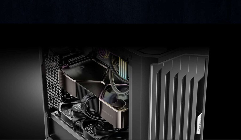 The Antec Performance 1 FT side panel in low light