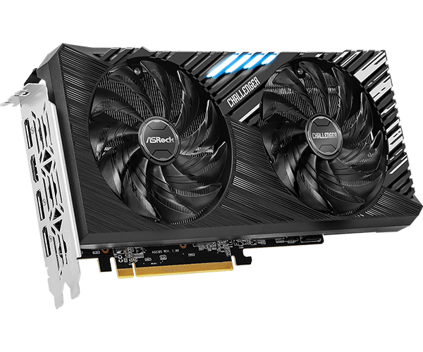 The ASRock Radeon RX 7600 XT Challenger, angled to show its fans