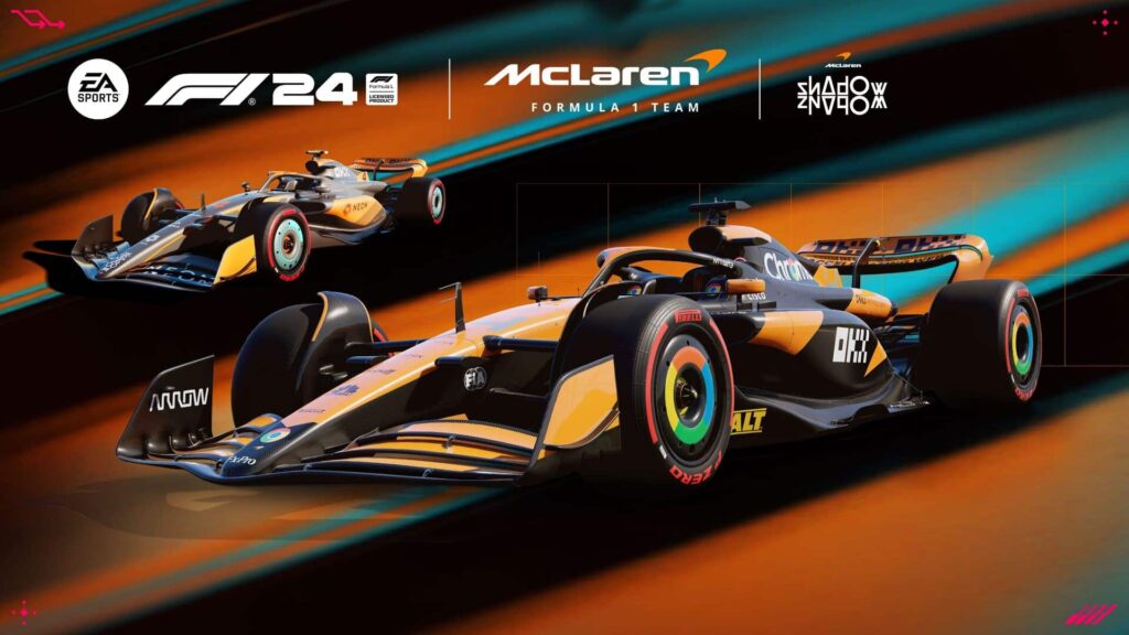 EA SPORTS F1 24 key art: two McLaren cars at speed
