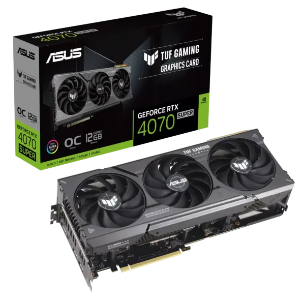 ASUS TUF GAMING NVIDIA RTX 4070 SUPER OC Graphics Card Top View & Box