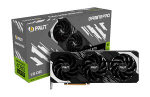 Palit NVIDIA RTX 4080 SUPER GamingPro Graphics Card Black and White Flat View & Box