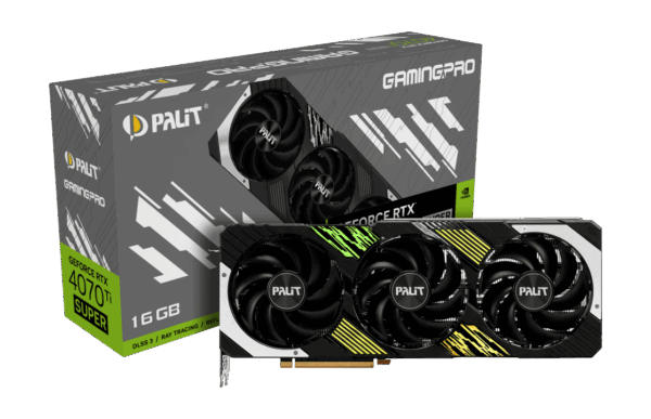 Palit NVIDIA RTX 4070 Ti SUPER GamingPro Graphics Card Coloured Flat View & Box