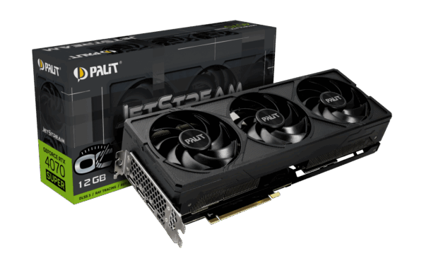 Palit NVIDIA RTX 4070 SUPER JetStream OC Graphics Card Angled View & Box